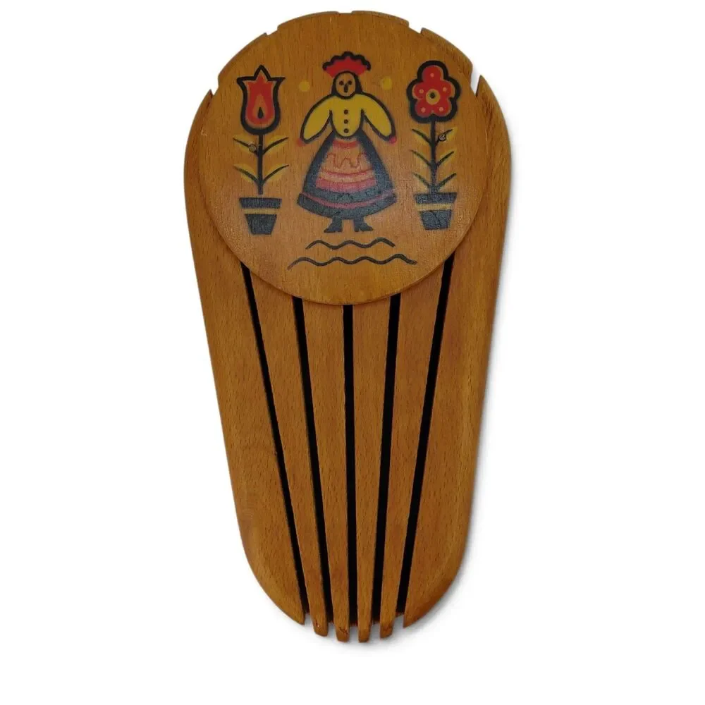 Vtg Mid Century Wooden Knife Block Wall Hanging Folk Art Yugoslavia Hand Painted